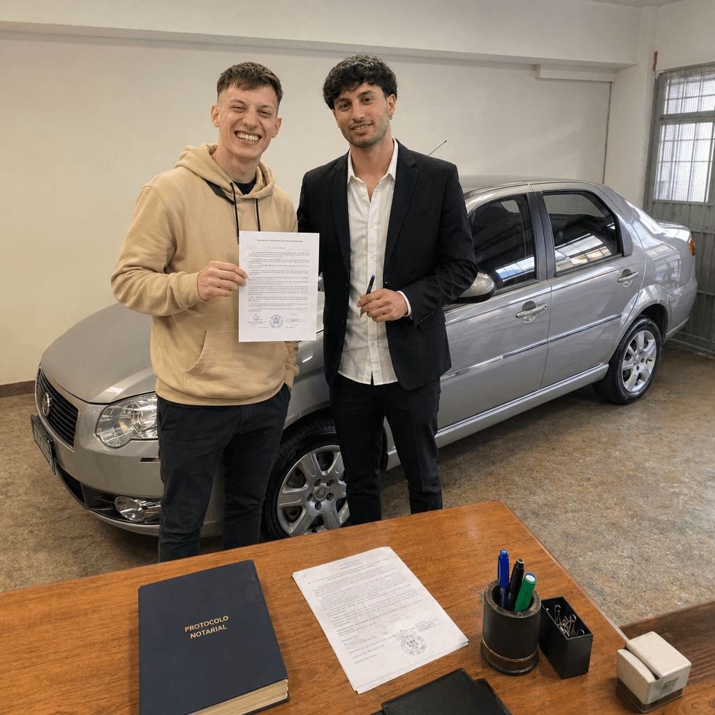 Influencer junto al escribano validando el premio
